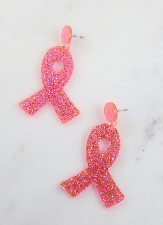 Acrylic Glitter Breast Cancer Ribbon Earrings