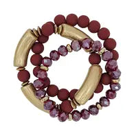 Maroon Beaded Crystal & Gold Bracelet Set