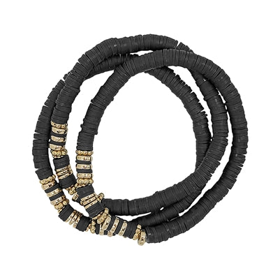 Black Rubber and Gold Set of Three Stretch Bracelets