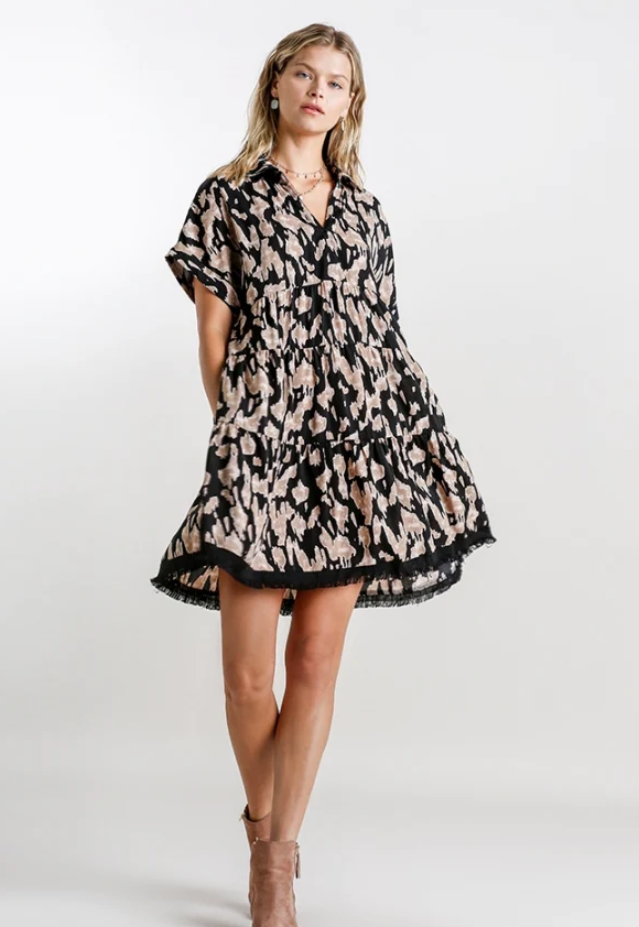 Black & Tan Tiered Raw Hem Dress