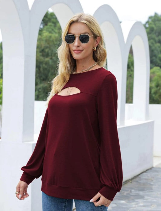 Burgundy Cut Out Pullover Long Sleeve