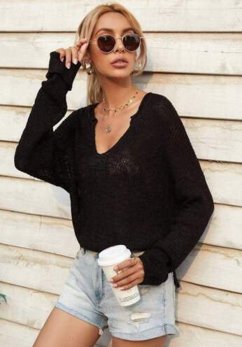 Deep U Neck Knitted Long Sleeve Top