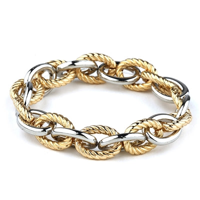 Worn Gold Textured and Silver Metal Link 7.5" Stretch Bracelet