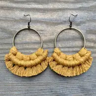 Large Round Fringe Earrings - Mustard & Bronze