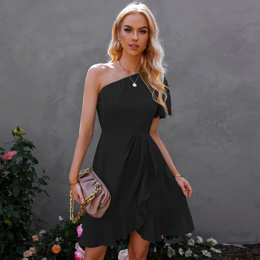 One Sleeve Ruffle Hem Dress