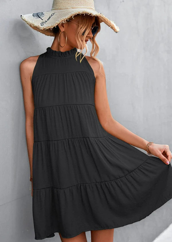 Ribbon Back Ruffle Neck Dress