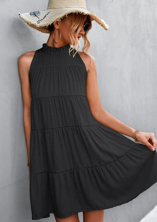 Ribbon Back Ruffle Neck Dress