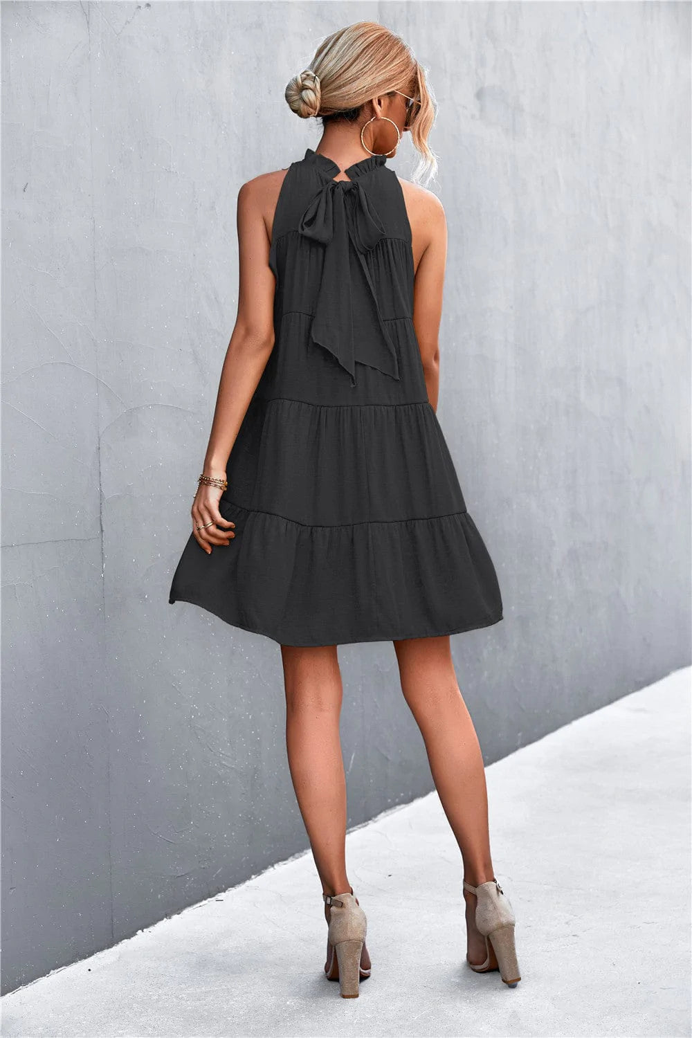 Ribbon Back Ruffle Neck Dress