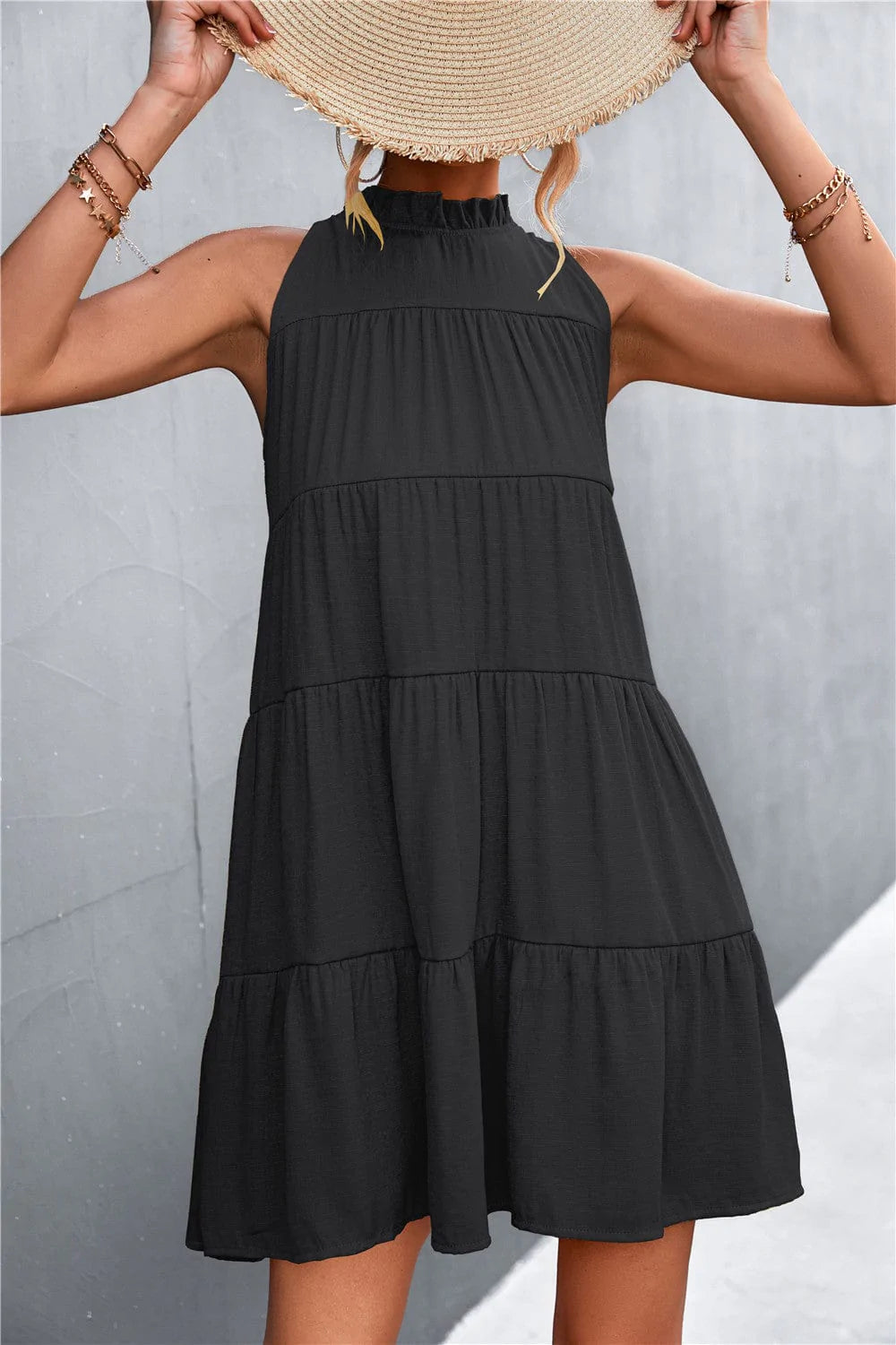 Ribbon Back Ruffle Neck Dress