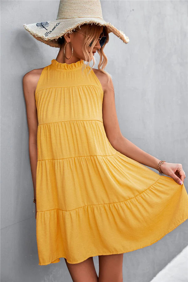 Ribbon Back Ruffle Neck Dress