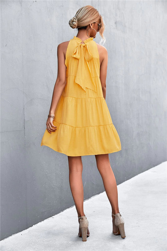 Ribbon Back Ruffle Neck Dress