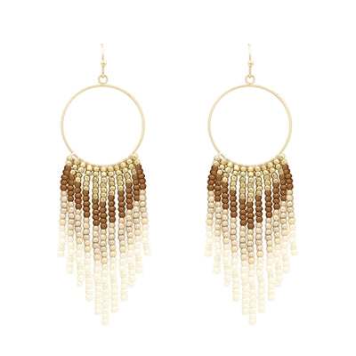 Seed Bead Gold Tan Cream Tassel Earring