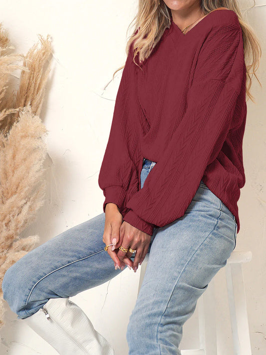 Maroon Textured Knit V-Neck Sweater