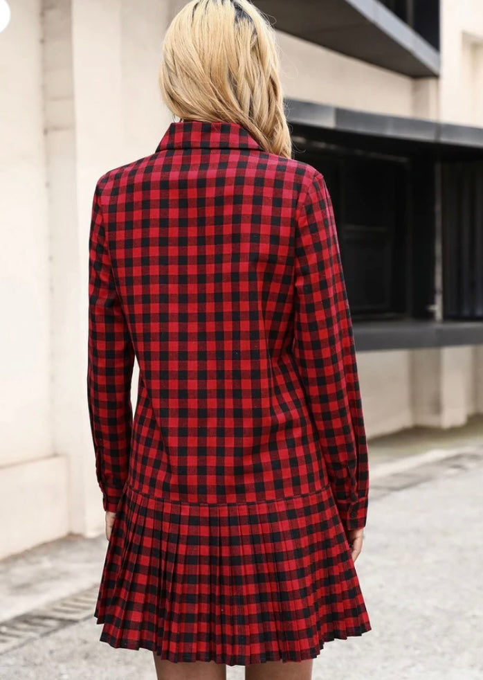 Buffalo Plaid Pleated Shirt Dress