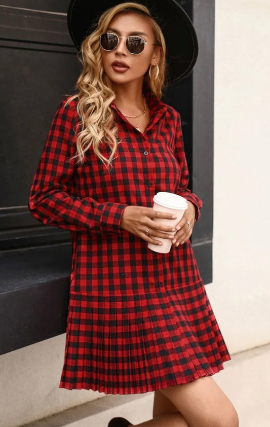 Buffalo Plaid Pleated Shirt Dress