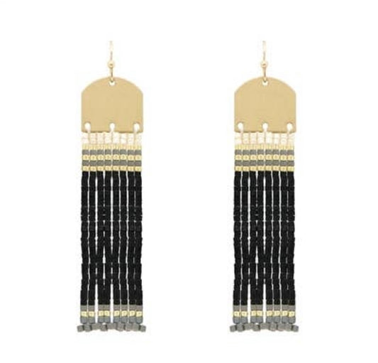 Gold with Black Seed Bead Tassel Earring